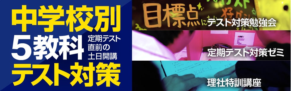 中学校別5教科テスト対策 定期テスト直前の土日開講。テスト対策勉強会・定期テスト対策ゼミ・理社特訓講座